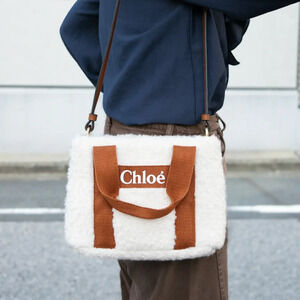 Chloe Teddy Faux Shearling Top Handle Crossbody Bag White Brown